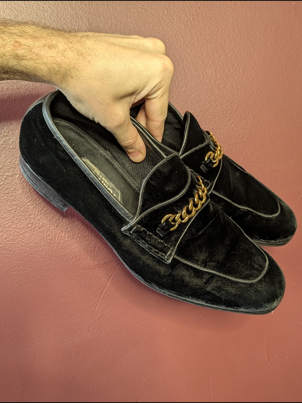 Tom Ford Black Velvet + Leather Loafers with Gold Chain Accent Italy Mens Sz 9 - Picture 14 of 14